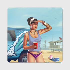 Магнит виниловый Квадрат с принтом girl with coffee в Новосибирске, полимерный материал с магнитным слоем | размер 9*9 см, закругленные углы | art | beach | car | game | grand theft auto v | gta 5 | gta online | sand | sky | арт | гта 5 | гта онлайн | игра | машина | небо | песок | пляж