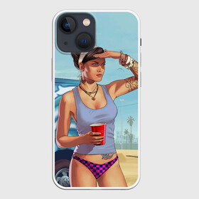 Чехол для iPhone 13 mini с принтом girl with coffee в Новосибирске,  |  | Тематика изображения на принте: art | beach | car | game | grand theft auto v | gta 5 | gta online | sand | sky | арт | гта 5 | гта онлайн | игра | машина | небо | песок | пляж
