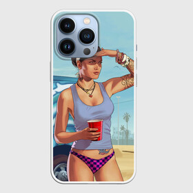 Чехол для iPhone 13 Pro с принтом girl with coffee в Новосибирске,  |  | art | beach | car | game | grand theft auto v | gta 5 | gta online | sand | sky | арт | гта 5 | гта онлайн | игра | машина | небо | песок | пляж