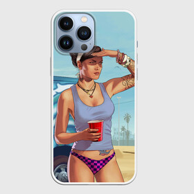 Чехол для iPhone 13 Pro Max с принтом girl with coffee в Новосибирске,  |  | Тематика изображения на принте: art | beach | car | game | grand theft auto v | gta 5 | gta online | sand | sky | арт | гта 5 | гта онлайн | игра | машина | небо | песок | пляж