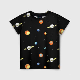 Детская футболка 3D с принтом Планеты в космосе в Новосибирске, 100% гипоаллергенный полиэфир | прямой крой, круглый вырез горловины, длина до линии бедер, чуть спущенное плечо, ткань немного тянется | венера | звезды | земля | иллюстрация | космос | паттерн | планеты | рисунок | сатурн | черный | юпитер