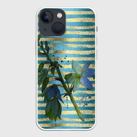 Чехол для iPhone 13 mini с принтом Сумеречные цветы и золото в Новосибирске,  |  | акварель | бирюзовые | брызги | вечер | женственный | золотистые | золото | золотые | полоски | сумерки | цветок | цветочки | цветочный | цветы