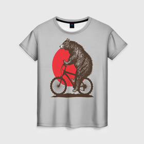 Женская футболка 3D с принтом Медведь на велосиеде в Новосибирске, 100% полиэфир ( синтетическое хлопкоподобное полотно) | прямой крой, круглый вырез горловины, длина до линии бедер | вело | велосипед | медведь | солнце | спорт | япония