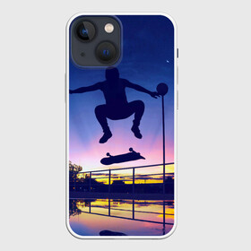 Чехол для iPhone 13 mini с принтом Skateboarding в Новосибирске,  |  | board | man | skate | skateboard | skateboarder | skateboarding | sport | street | sunset | доска | закат | скейт | скейтборд | скейтбординг | скейтбордист | спорт | улица | человек