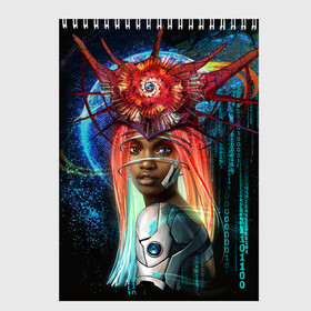 Скетчбук с принтом Cyberpunk girl в Новосибирске, 100% бумага
 | 48 листов, плотность листов — 100 г/м2, плотность картонной обложки — 250 г/м2. Листы скреплены сверху удобной пружинной спиралью | Тематика изображения на принте: волосы | девушка | киберпанк | корона | космос | планета