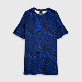 Детское платье 3D с принтом Черно-синий геометрический   в Новосибирске, 100% полиэстер | прямой силуэт, чуть расширенный к низу. Круглая горловина, на рукавах — воланы | Тематика изображения на принте: абстрактный | геометрические фигуры | геометрический | модный | молодежный | полосы | синий | синий и черный