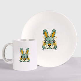 Набор: тарелка + кружка с принтом Безумный кролик в Новосибирске, керамика | Кружка: объем — 330 мл, диаметр — 80 мм. Принт наносится на бока кружки, можно сделать два разных изображения. 
Тарелка: диаметр - 210 мм, диаметр для нанесения принта - 120 мм. | rabbit | безумие | животное | заяц | зверь | крол | кролик | трус