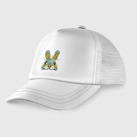 Детская кепка тракер с принтом Безумный кролик в Новосибирске, Козырек - 100% хлопок. Кепка - 100% полиэстер, Задняя часть - сетка | универсальный размер, пластиковая застёжка | rabbit | безумие | животное | заяц | зверь | крол | кролик | трус
