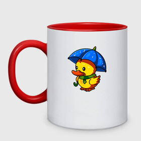 Кружка двухцветная с принтом Утенок под зонтом в Новосибирске, керамика | объем — 330 мл, диаметр — 80 мм. Цветная ручка и кайма сверху, в некоторых цветах — вся внутренняя часть | Тематика изображения на принте: duck | дождь | зонт | милота | птица | утенок | утка | утка в шарфе
