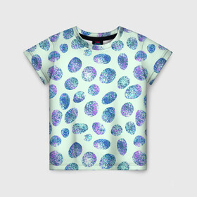 Детская футболка 3D с принтом Драгоценные синие камни  в Новосибирске, 100% гипоаллергенный полиэфир | прямой крой, круглый вырез горловины, длина до линии бедер, чуть спущенное плечо, ткань немного тянется | абстракция | драгоценные камни | зеленый | нежный принт | синий | сияние | фиолетовый | цвет