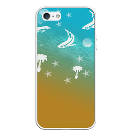 Чехол для iPhone 5/5S матовый с принтом Морское ассорти в Новосибирске, Силикон | Область печати: задняя сторона чехла, без боковых панелей | акулы | волна | дельфины | море | морепродукты | морские животные | морской | пальмы | песок | ракушки | рыбы