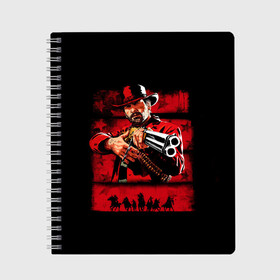 Тетрадь с принтом Red Dead Redemption 2 в Новосибирске, 100% бумага | 48 листов, плотность листов — 60 г/м2, плотность картонной обложки — 250 г/м2. Листы скреплены сбоку удобной пружинной спиралью. Уголки страниц и обложки скругленные. Цвет линий — светло-серый
 | art | arthur morgan | character | cowboys | game | gun | horses | red dead redemption 2 | weapon | арт | артур морган | игра | ковбои | лошади | оружие | персонаж | ружье