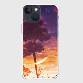 Чехол для iPhone 13 mini с принтом Закат в аниме стиле в Новосибирске,  |  | акварель | алый закат | аниме | в аниме стиле | ветер | деревья | закат | красками | листва | облака | рассвет | рисунок | солнце | тучи