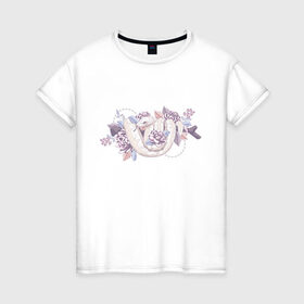 Женская футболка хлопок с принтом Белая змея и цветы в Новосибирске, 100% хлопок | прямой крой, круглый вырез горловины, длина до линии бедер, слегка спущенное плечо | белая | букет | бутон | ветвь | ветка | гадюка | змея | питон | розовая | удав | цветы
