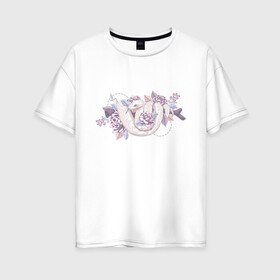 Женская футболка хлопок Oversize с принтом Белая змея и цветы в Новосибирске, 100% хлопок | свободный крой, круглый ворот, спущенный рукав, длина до линии бедер
 | белая | букет | бутон | ветвь | ветка | гадюка | змея | питон | розовая | удав | цветы