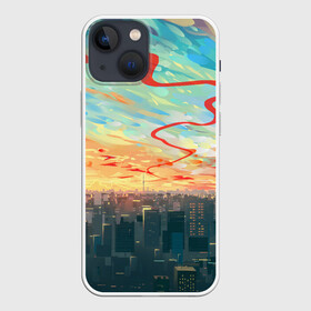Чехол для iPhone 13 mini с принтом Токио красками в Новосибирске,  |  | акварелью | аниме | ветер | город | закат | здания | красками | мегаполис | облака | постройки | рассвет | стиль | столица | токио | тучи | япония