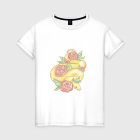 Женская футболка хлопок с принтом Змея акварелью в Новосибирске, 100% хлопок | прямой крой, круглый вырез горловины, длина до линии бедер, слегка спущенное плечо | акварелью | букет | бутон | ветвь | ветка | гадюка | змея | красками | питон | удав | цветы
