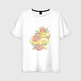 Женская футболка хлопок Oversize с принтом Змея акварелью в Новосибирске, 100% хлопок | свободный крой, круглый ворот, спущенный рукав, длина до линии бедер
 | акварелью | букет | бутон | ветвь | ветка | гадюка | змея | красками | питон | удав | цветы
