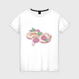 Женская футболка хлопок с принтом Акварельная змея в Новосибирске, 100% хлопок | прямой крой, круглый вырез горловины, длина до линии бедер, слегка спущенное плечо | акварелью | букет | бутон | ветвь | ветка | гадюка | змея | красками | питон | удав | цветы