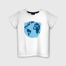 Детская футболка хлопок с принтом Corona World в Новосибирске, 100% хлопок | круглый вырез горловины, полуприлегающий силуэт, длина до линии бедер | coronavirus | covid19 | virus | вакцина | вакцинация | вирус | грипп | заражение | здоровье | иммунитет | инфекция | карантин | корона | коронавирус | маска | пандемия | прививка | самоизоляция | спутник