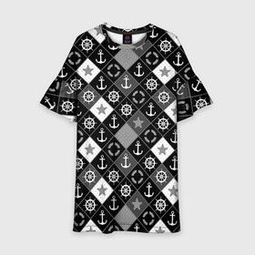 Детское платье 3D с принтом Черно-белый морской плед в Новосибирске, 100% полиэстер | прямой силуэт, чуть расширенный к низу. Круглая горловина, на рукавах — воланы | для мальчика | клетка | модный | молодежный | море | морской | пэчворк | черно белый узор | штурвал