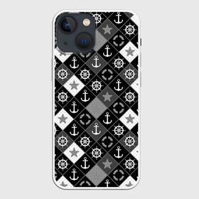 Чехол для iPhone 13 mini с принтом Черно белый морской плед в Новосибирске,  |  | для мальчика | клетка | модный | молодежный | море | морской | пэчворк | черно белый узор | штурвал