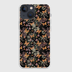 Чехол для iPhone 13 mini с принтом Ретро узор . Бабочки в Новосибирске,  |  | бабочки | винтажный | детский | женский | коричневый | растения | ретро | тропический | черный фон