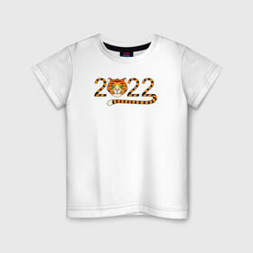Детская футболка хлопок с принтом Год Тигра 2022 с мордочкой в Новосибирске, 100% хлопок | круглый вырез горловины, полуприлегающий силуэт, длина до линии бедер | Тематика изображения на принте: 2022 | дата | животное | полоски | символ | тигр | хвост