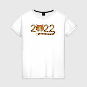 Женская футболка хлопок с принтом Год Тигра 2022 с мордочкой в Новосибирске, 100% хлопок | прямой крой, круглый вырез горловины, длина до линии бедер, слегка спущенное плечо | 2022 | дата | животное | полоски | символ | тигр | хвост