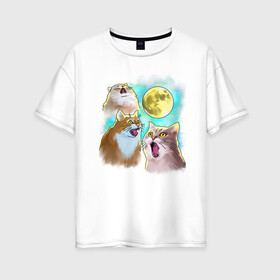 Женская футболка хлопок Oversize с принтом Котики воют на Луну в Новосибирске, 100% хлопок | свободный крой, круглый ворот, спущенный рукав, длина до линии бедер
 | домашние животные | забавные коты | звери | иллюстрация | котики | коты | коты воют на луну | кошки | мем коты | мемы | пародия | рисунок | смешные кошки | шутка | юмор