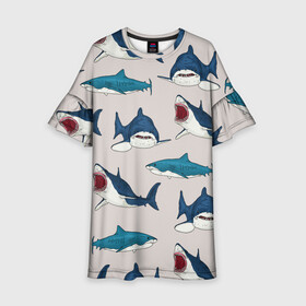 Детское платье 3D с принтом Кровожадные акулы паттерн в Новосибирске, 100% полиэстер | прямой силуэт, чуть расширенный к низу. Круглая горловина, на рукавах — воланы | shark | акулы | кровожадные акулы | морские обитатели | опасный | паттерн | синий