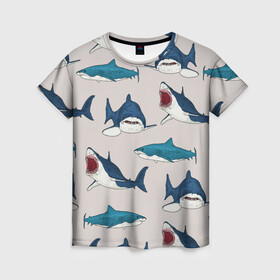 Женская футболка 3D с принтом Кровожадные акулы паттерн в Новосибирске, 100% полиэфир ( синтетическое хлопкоподобное полотно) | прямой крой, круглый вырез горловины, длина до линии бедер | shark | акулы | кровожадные акулы | морские обитатели | опасный | паттерн | синий