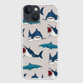 Чехол для iPhone 13 mini с принтом Кровожадные акулы паттерн в Новосибирске,  |  | shark | акулы | кровожадные акулы | морские обитатели | опасный | паттерн | синий