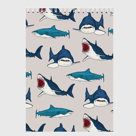 Скетчбук с принтом Кровожадные акулы паттерн в Новосибирске, 100% бумага
 | 48 листов, плотность листов — 100 г/м2, плотность картонной обложки — 250 г/м2. Листы скреплены сверху удобной пружинной спиралью | shark | акулы | кровожадные акулы | морские обитатели | опасный | паттерн | синий