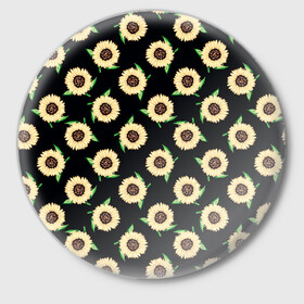Значок с принтом Подсолнухи паттерн в Новосибирске,  металл | круглая форма, металлическая застежка в виде булавки | желтый | зеленый | паттерн | подсолнухи | цветы | черный