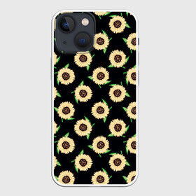 Чехол для iPhone 13 mini с принтом Подсолнухи паттерн в Новосибирске,  |  | желтый | зеленый | паттерн | подсолнухи | цветы | черный