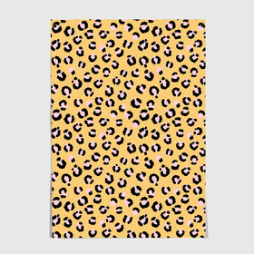 Постер с принтом Желтый леопардовый принт в Новосибирске, 100% бумага
 | бумага, плотность 150 мг. Матовая, но за счет высокого коэффициента гладкости имеет небольшой блеск и дает на свету блики, но в отличии от глянцевой бумаги не покрыта лаком | Тематика изображения на принте: желтый | леопардовый принт | паттерн | пятна | пятнистый | розовый | текстура