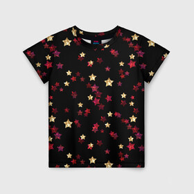 Детская футболка 3D с принтом Блестящие звезды на черном в Новосибирске, 100% гипоаллергенный полиэфир | прямой крой, круглый вырез горловины, длина до линии бедер, чуть спущенное плечо, ткань немного тянется | абстрактный | блеск | детский | женский | звезды | золото | золотые звезды