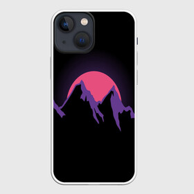 Чехол для iPhone 13 mini с принтом горы на фоне заката в Новосибирске,  |  | 80s | горы | закат | киберпанк | минимализм | неон | неоновый закат | розовое солнце | розовый | фиолетовый