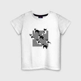 Детская футболка хлопок с принтом Черно-белые собачки в Новосибирске, 100% хлопок | круглый вырез горловины, полуприлегающий силуэт, длина до линии бедер | checkerboard | анималистичный принт | бордер колли | бостон терьер | геометрия | животные | иллюстрация | монохром | оп арт | оптический арт | папиллион | рисунок | собаки | собачки | французский бульдог