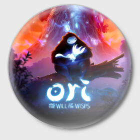 Значок с принтом Ori and the Will of the Wisps в Новосибирске,  металл | круглая форма, металлическая застежка в виде булавки | Тематика изображения на принте: adventure | asleep | forest spirit | naru | night | ori and the will of the wisps | orient | pc game | volcanic eruption | дух леса | извержение вулкана | компьютерная игра | нару | ночь | ори | ори и блуждающие огоньки | приключения | спит