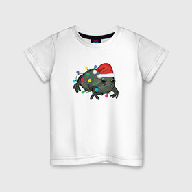 Детская футболка хлопок с принтом Недовольная лягуха в Новый Год в Новосибирске, 100% хлопок | круглый вырез горловины, полуприлегающий силуэт, длина до линии бедер | frog | иллюстрация | лягуха | лягушка | лягушка в колпаке санта клауса | лягушка в лампочках | недовольная лягушка | новогодний | новый год | праздничная лягушка | рисунок | черная дождевая лягушка