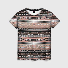 Женская футболка 3D с принтом Полосатый этнический орнамент  в Новосибирске, 100% полиэфир ( синтетическое хлопкоподобное полотно) | прямой крой, круглый вырез горловины, длина до линии бедер | абстрактный | геометрические фигуры | коричневый | полосатый узор | полосы | черный и коричневый | этнический
