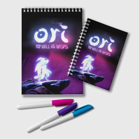 Блокнот с принтом Ori and the Will of the Wisps в Новосибирске, 100% бумага | 48 листов, плотность листов — 60 г/м2, плотность картонной обложки — 250 г/м2. Листы скреплены удобной пружинной спиралью. Цвет линий — светло-серый
 | adventure | computer game | looks to the sky | ori | ori and the will of the wisps | spirit of the forest | в небо | дух леса | компьютерная игра | ори | ори и блуждающие огоньки | приключения | смотрит