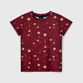 Детская футболка 3D с принтом Россыпи золотых звезд в Новосибирске, 100% гипоаллергенный полиэфир | прямой крой, круглый вырез горловины, длина до линии бедер, чуть спущенное плечо, ткань немного тянется | блеск | блестящий | детский | звезды | золото | золотой и красный | красный | модный