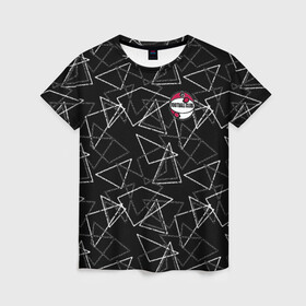 Женская футболка 3D с принтом Черно-белый геометрический  в Новосибирске, 100% полиэфир ( синтетическое хлопкоподобное полотно) | прямой крой, круглый вырез горловины, длина до линии бедер | абстрактный | аппликация | геометрический | модный | треугольники | футбол | футбольный клуб | черно белый | черный фон