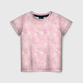 Детская футболка 3D с принтом Нежно розовые цветы с блеском в Новосибирске, 100% гипоаллергенный полиэфир | прямой крой, круглый вырез горловины, длина до линии бедер, чуть спущенное плечо, ткань немного тянется | Тематика изображения на принте: блеск | блестки | детский | золото | малышам | нежно розовый | розовые цветы | розовый и золотой