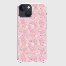 Чехол для iPhone 13 mini с принтом Нежно розовые цветы с блеском в Новосибирске,  |  | блеск | блестки | детский | золото | малышам | нежно розовый | розовые цветы | розовый и золотой