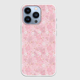 Чехол для iPhone 13 Pro с принтом Нежно розовые цветы с блеском в Новосибирске,  |  | блеск | блестки | детский | золото | малышам | нежно розовый | розовые цветы | розовый и золотой