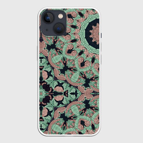 Чехол для iPhone 13 с принтом зелено бежевый калейдоскоп в Новосибирске,  |  | абстрактный | в горошек | восточный | калейдоскоп | коричневый и зеленый | модный | фисташковый | этнический
